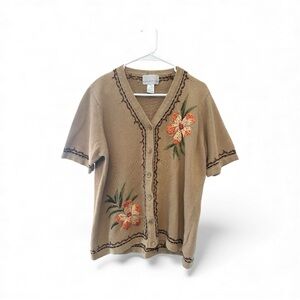 Vintage Y2K Era Susan Graver Style Tan Floral Embroidered Cardigan Size XL